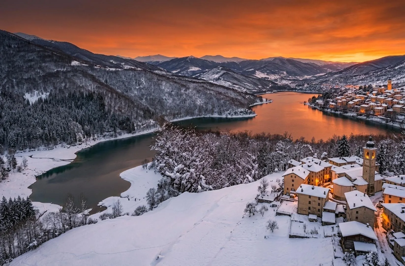 Snowy village by the lake in Alto Sangro