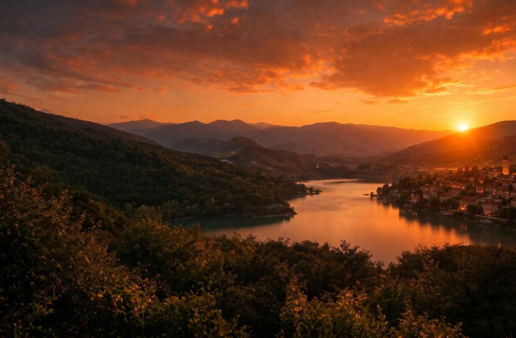 Sunset over a lake among the mountains of Alto Sangro